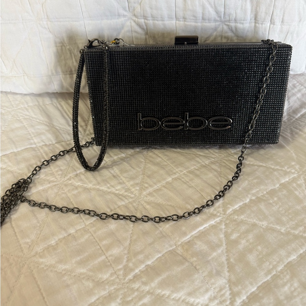 NWT Bebe Black Beaded Clutch with Chain Strap
